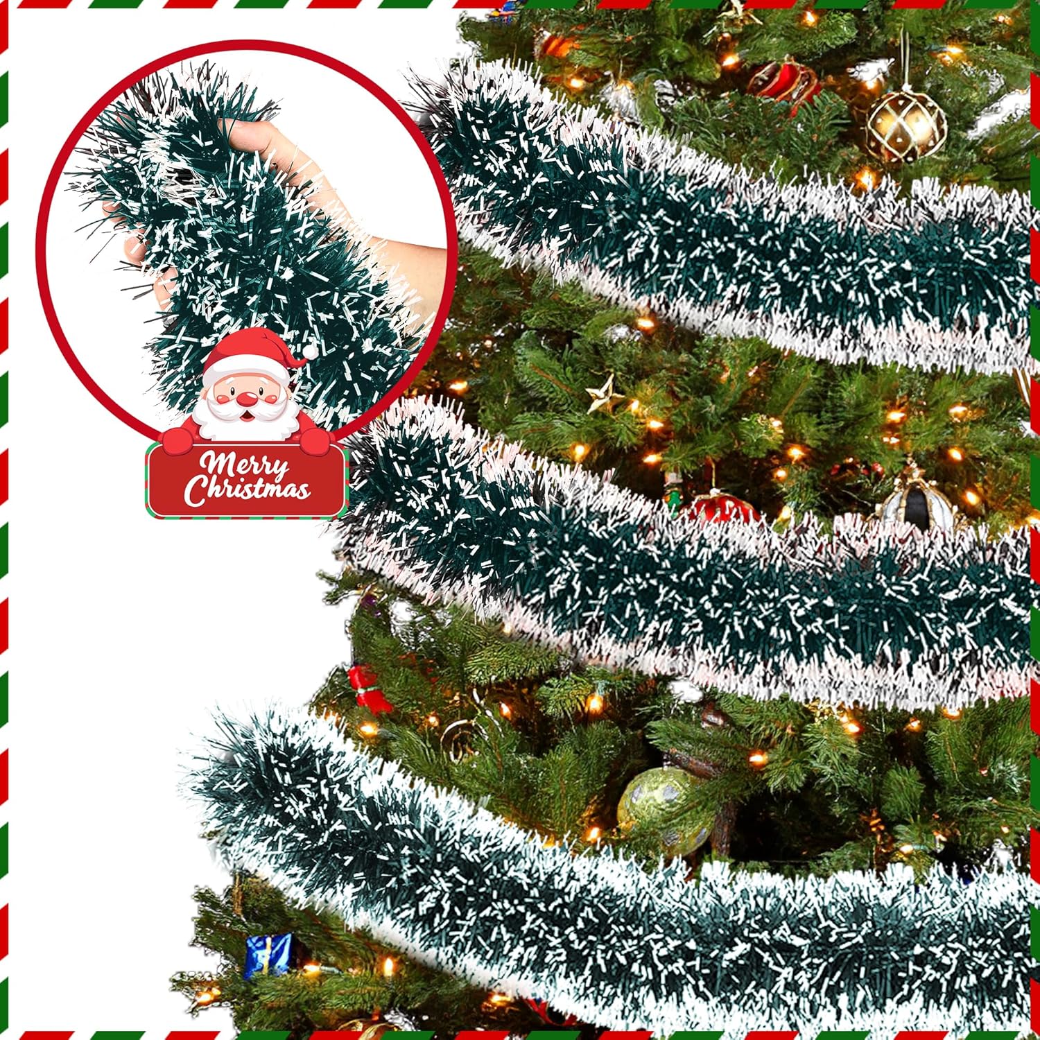50FT Tinsel Christmas Garland Metallic Twist Garland Shiny Hanging Tinsel for Christmas Tree Party Supplies Indoor Outdoor Home Xmas Decoration (Green/White)